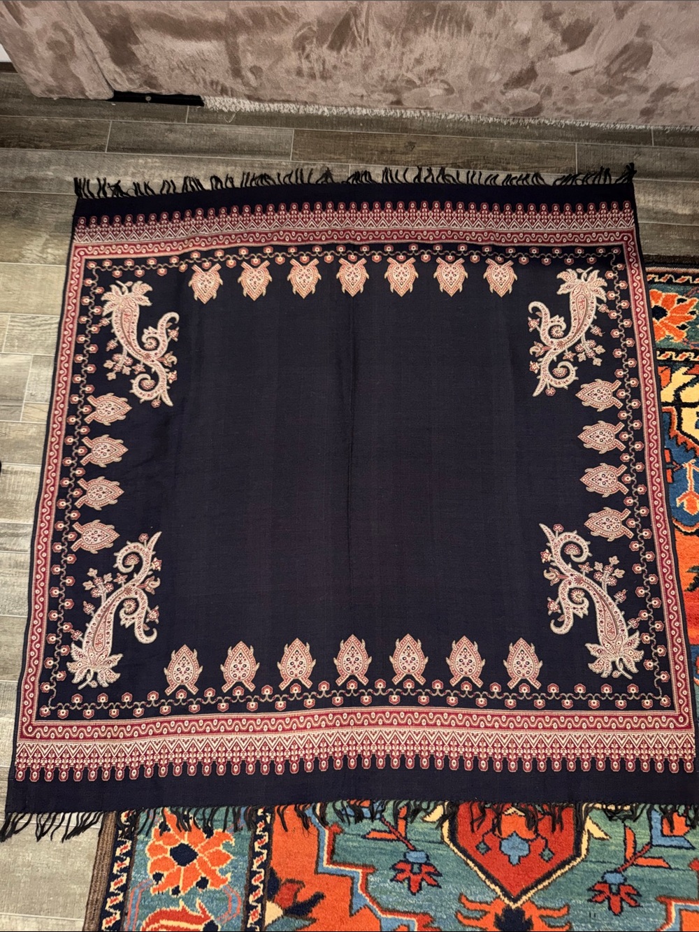 100% Pure Pashmina Reversible Kashmiri Kani Square Scarf Wrap - Black & Wine 44"
